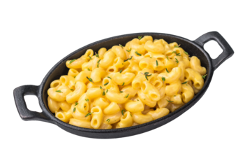 Savory mac and cheese presented in a cast iron dish, minimal white background highlights the rich texture.