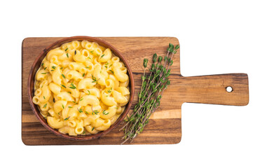 Creamy mac and cheese in rustic bowl, garnished with fresh thyme — minimalist food shot on white...
