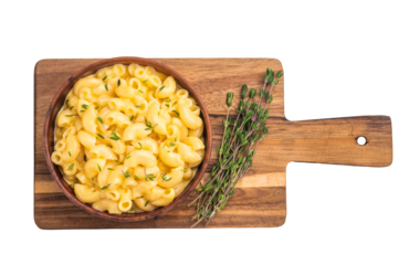 Creamy mac and cheese in rustic bowl, garnished with fresh thyme — minimalist food shot on white background.