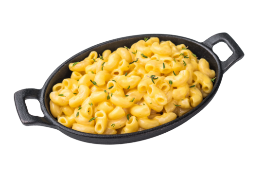 Savory mac and cheese presented in a cast iron dish, minimal white background highlights the rich texture.