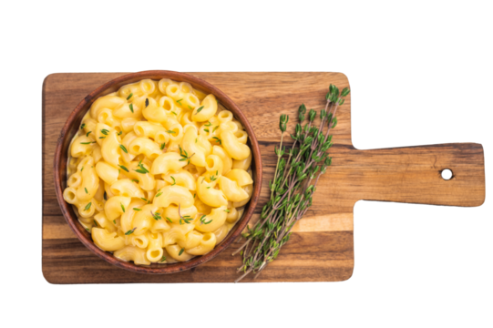 Creamy mac and cheese in rustic bowl, garnished with fresh thyme — minimalist food shot on white background.