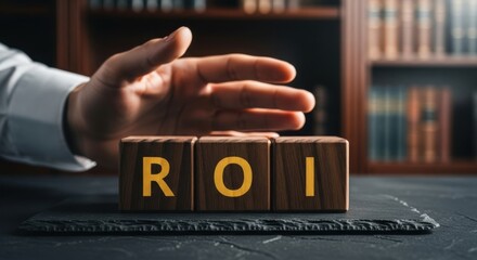 Hand protecting wooden blocks with ROI letters return on investment concept business growth strategy