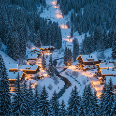 Illuminated winter village in a snowy alpine valley at twilight with ski slopes and pine forests.
