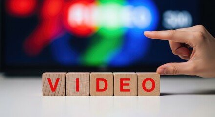 Wooden blocks spelling video hand pointing at screen concept for online content and streaming services