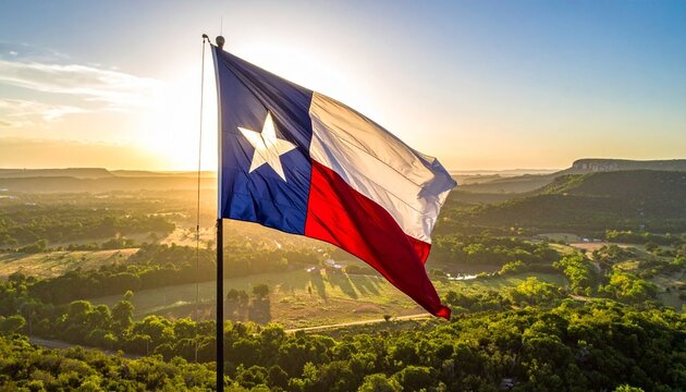 Texas state flag waving over scenic countryside, blue-white-red with lone star, symbol of pride and nature. - Powered by Adobe