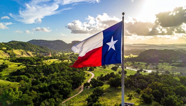 Texas state flag waving over scenic countryside, blue-white-red with lone star, symbol of pride and nature.