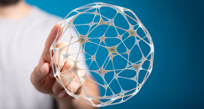 An artistic representation of a geometric sphere in human hand. This image evokes feelings of connection, technology, and futuristic - Powered by Adobe
