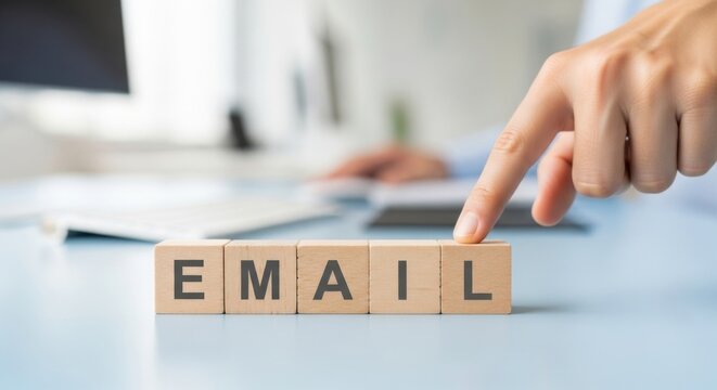 Wooden blocks spelling the word email a finger pointing at the blocks concept for business communication and digital marketing