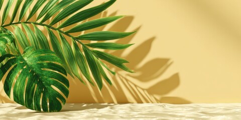 Minimal Tropical Summer Background with Palm Leaf Shadows and Warm Light for Modern Lifestyle or Travel Template Design