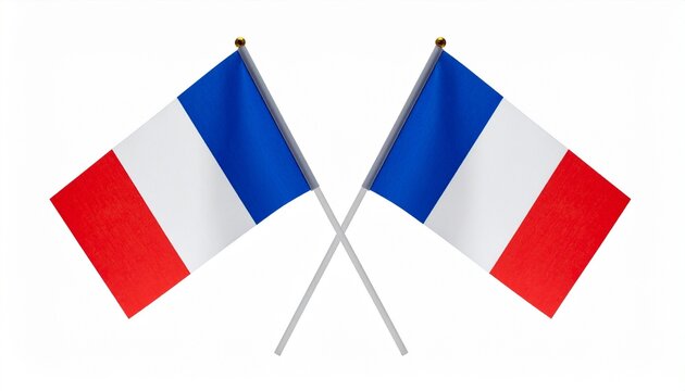Two crossed French flags forming an X, blue-white-red vertical stripes, symbolizing unity and national pride.