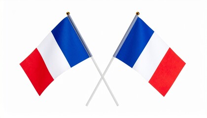 Two crossed French flags forming an X, blue-white-red vertical stripes, symbolizing unity and national pride.
