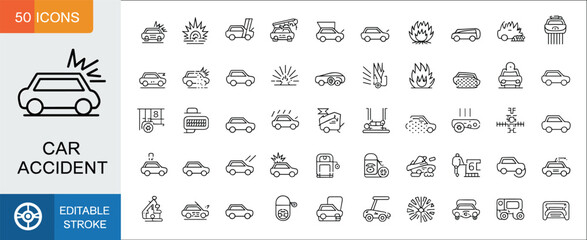 Car accident line icons set, editable stroke, crash, collision, breakdown, insurance, warning, damage, emergency, safety, vehicle incident collection