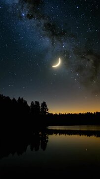 New moon with Milky Way and starry night sky reflecting on calm lake surrounded by dark forest