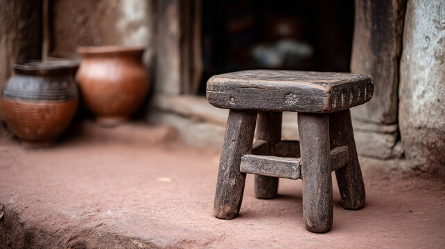 Rustic wooden stool with clay pots in a rural setting.