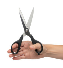 A person's hand holding open scissors, showcasing the tool's sharp blades and ergonomic design.