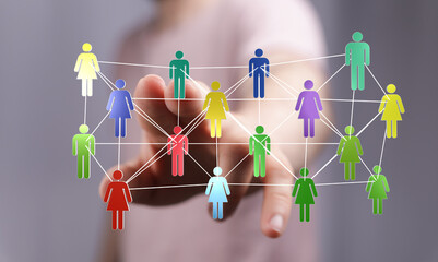 Hand touching digital network of diverse people icons. Concept of community, connection, global business, teamwork, digital communication, socia