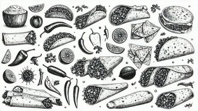 Hand-drawn illustration of various Mexican food items including tacos, burritos and nachos