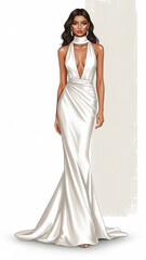 Elegant Woman in White Satin Evening Gown Digital Fashion Illustration