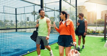 Tennis, people or walk to court with conversation for sport game, friendly match or competition practice. Active, friends outdoor or gym bag with discussion for fitness, padel tournament or training.
