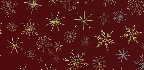 Festive Christmas or holiday background with gold glitter snowflakes on a deep red backdrop. Perfect for seasonal designs, Christmas