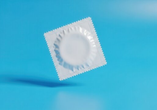white condom packaging on a blue background