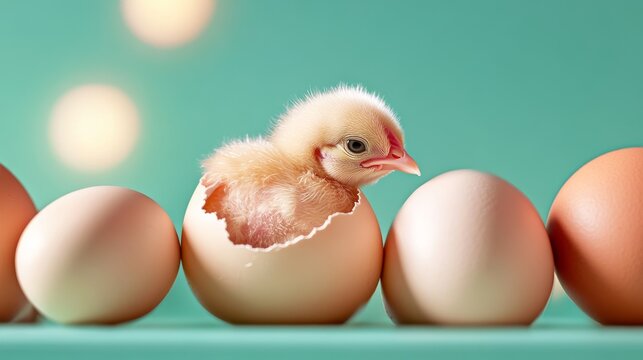 Baby chick hatching from egg, newborn bird breaking shell, close up poultry farming concept. on blue background