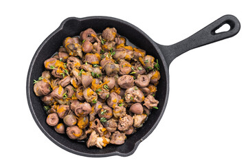 Cooked chicken hearts in cast iron pan on white background perfect for rustic food photography and culinary advertising.