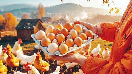 Fresh farm eggs in carton box held by farmer. Backyard chickens, organic egg production, natural poultry farming