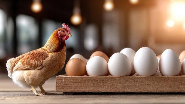 Hens and fresh eggs on wooden surface. Farm poultry, organic egg production, backyard chicken farming, natural livestock.