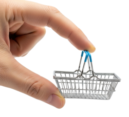 Close-up shot of a hand holding a small, miniature shopping basket with blue handles.