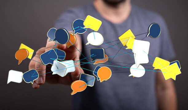 Concept of communication, social media, networking, and information exchange through digital speech bubbles and