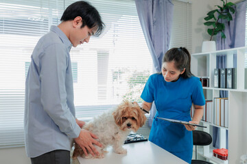 Happy dog with vet during regular health check, showing trust, care, and professional veterinary...