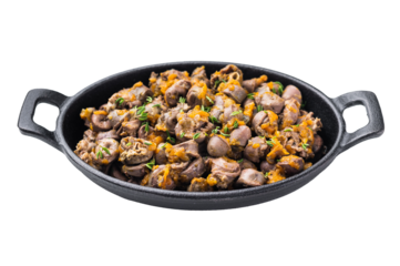 Tasty chicken giblets hearts stew served in black cast iron dish ideal for recipe design or healthy homemade meal visuals.