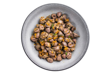 Rustic chicken hearts with herbs and carrot on light background perfect for minimal modern food styling and menu use.