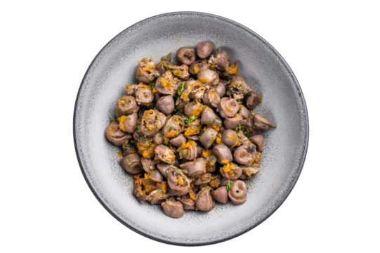 Rustic chicken hearts with herbs and carrot on light background perfect for minimal modern food styling and menu use.