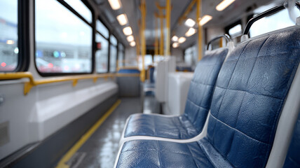 Fototapeta premium Empty bus interior with blue seats and yellow poles.