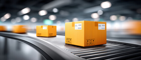 Orange package on conveyor in industry warehouse shipping logistics scene with motion blur