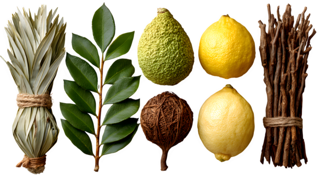 Etrog with lulav, hadas, and aravah arranged neatly as Jewish Sukkot celebration symbols isolated on white background