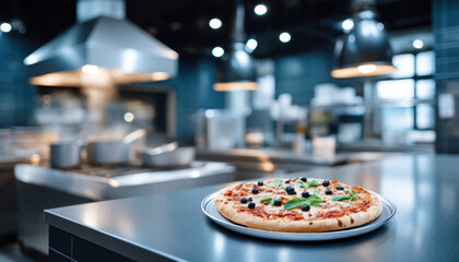Modern restaurant industry pizza with basil and olives on steel counter evoking warm appetite