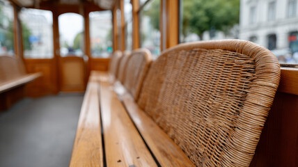 Empty vintage tram interior with wicker and wooden seating.