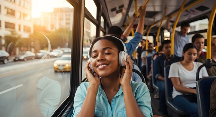 A serene moment Woman with headphones finds peace on a bus ride, bathed in warm city light.