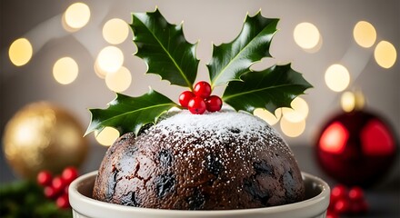 Festive christmas pudding with holly and berries on a table with blurred lights and ornaments in background