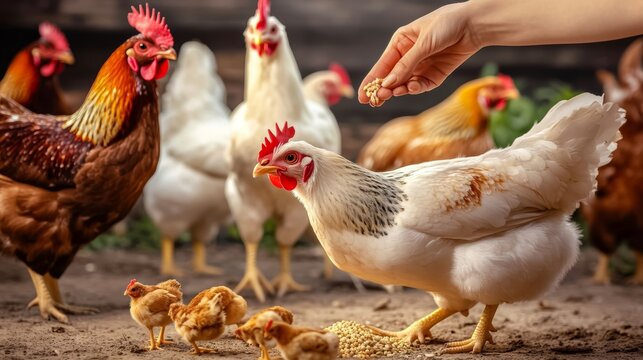 Hand feeding chickens and chicks, farmyard scene, poultry farming, animal care