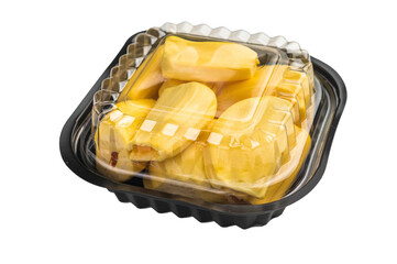 Ripe, golden yellow jackfruit pods (bulbs) served in a black plastic container, ready-to-eat, against a clean white background. Exotic tropical fruit. © Mironov
