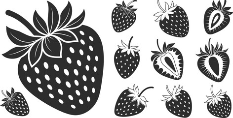 Strawberry fruit illustration, fresh berry vector design, black and white drawing, healthy food artwork, summer fruit symbol, organic nature art