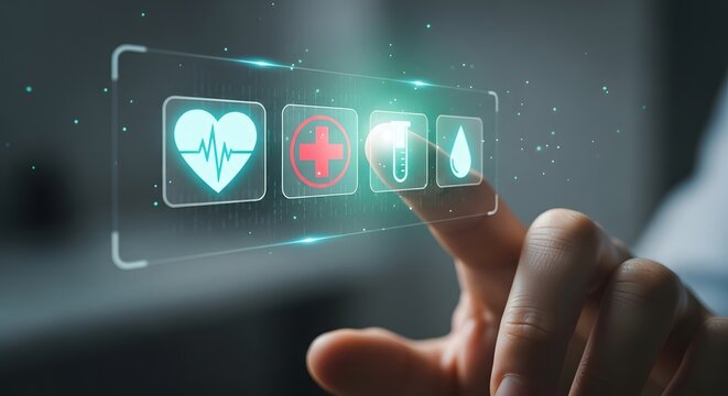 Digital health interface showcasing medical icons, highlighting modern healthcare technology, touch control.