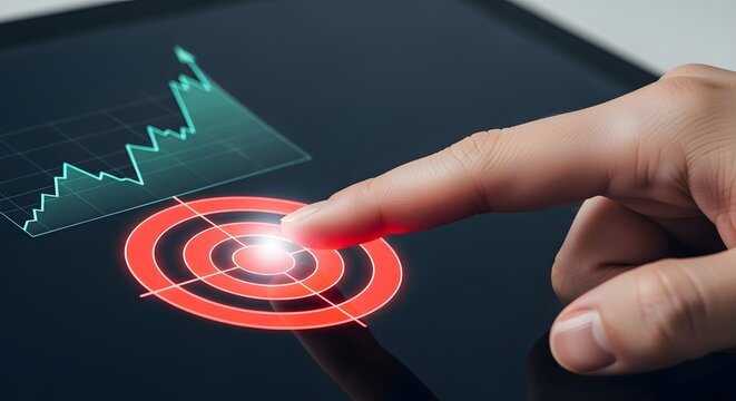 Finger touches glowing target on dark screen, next to rising green graph, symbolizing success.