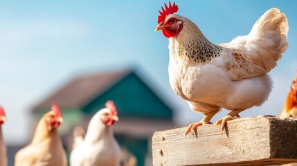 rooster stands on a wooden fence post with hens in the background, representing poultry farming and backyard chicken keeping.