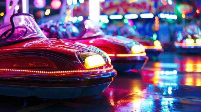 Colorful bumper cars lined up at an amusement park. Bright lights reflect on the wet ground, creating a vibrant atmosphere. Nighttime setting with neon colors.