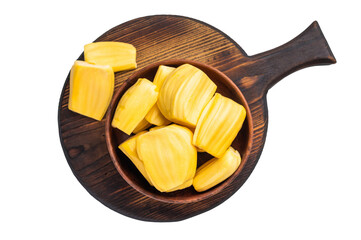 Sweet, golden jackfruit pods (bulbs) served in a rustic wooden bowl on a dark cutting board. Fresh, tropical fruit dessert or snack. © Mironov